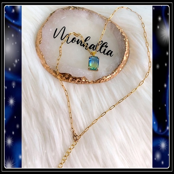 New Gold Square Blue & Green Topaz Tourmaline Paperclip Necklace - Picture 3 of 4